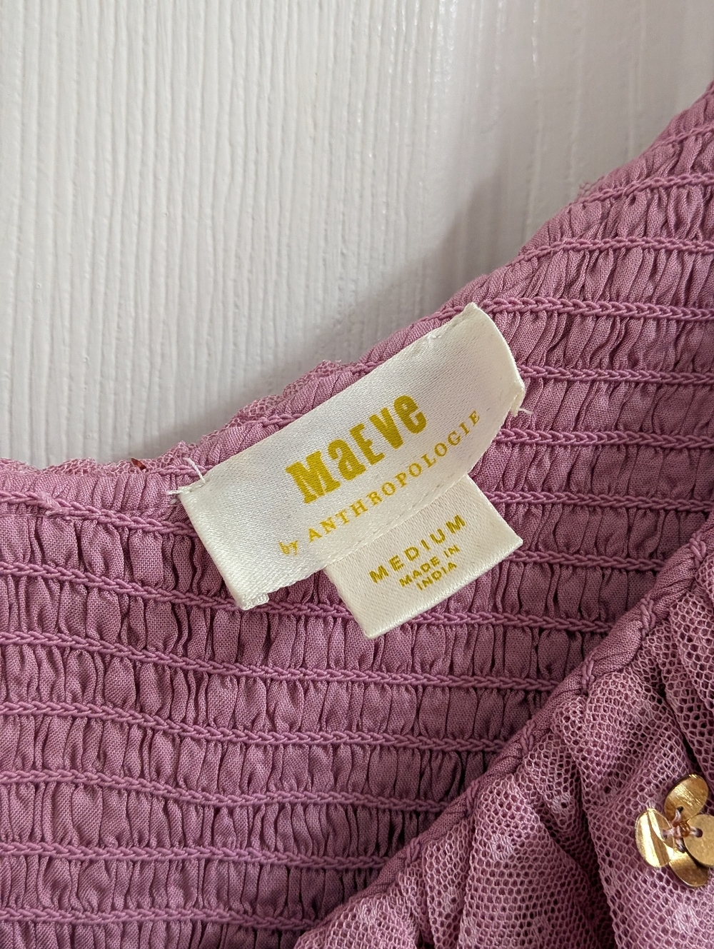Anthropology Maeve Smocked Ruffle Sequin Blouse Medium Like New Gold Mauve - Picture 4 of 5